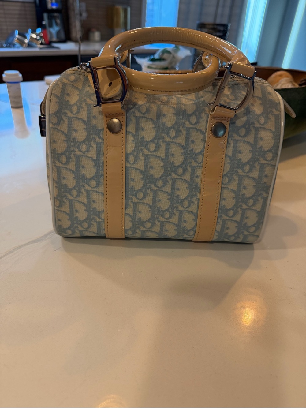 Dior Light Blue Monogram Mini Satchel with Beige Trim